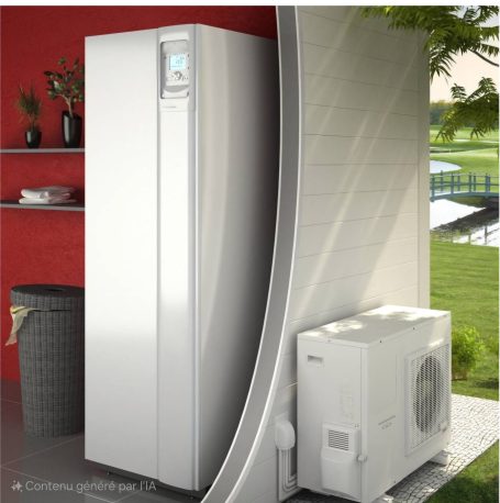 Réfrigérateur moderne à côté d'unité de climatisation dans un cadre lumineux et épuré.